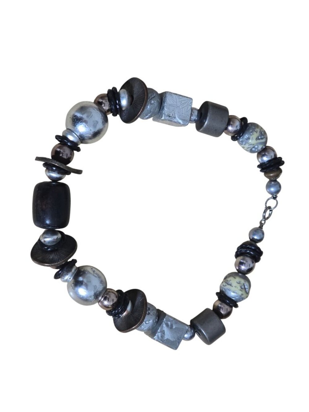 Chunky Mixed Bead Necklace 16" Silver Tone Stone Glass Artisan Statement